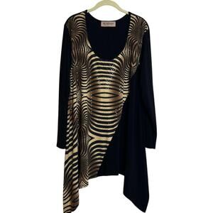 JR Collection What Women Wear Tunic Sz 4X Black Gold Zebra Print Sequins Slinky